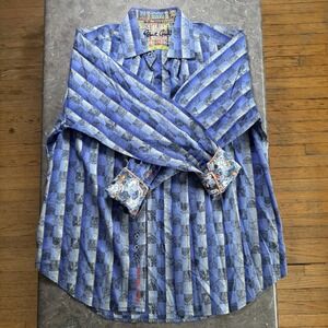 Robert Graham Blue Shirt Sz M Flip Cuff Playing Cards Gambling Checkerboard